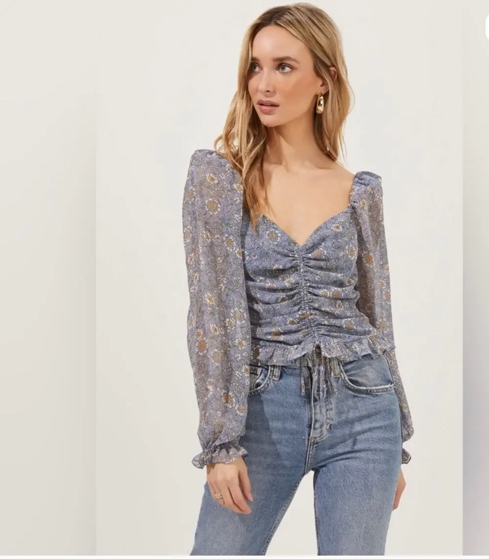 ASTR Love Song Floral Ruched Puff Sleeve Blouse | Size Large